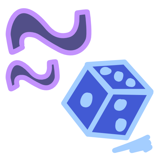 a blue die tipped on one of its corners with a blue shadow in front of sits next to two wavy purple lines. The image has light line art.